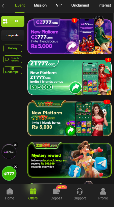ZS999 Free bonuses and rewards