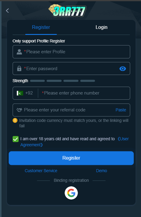 3rr777 game register on Android